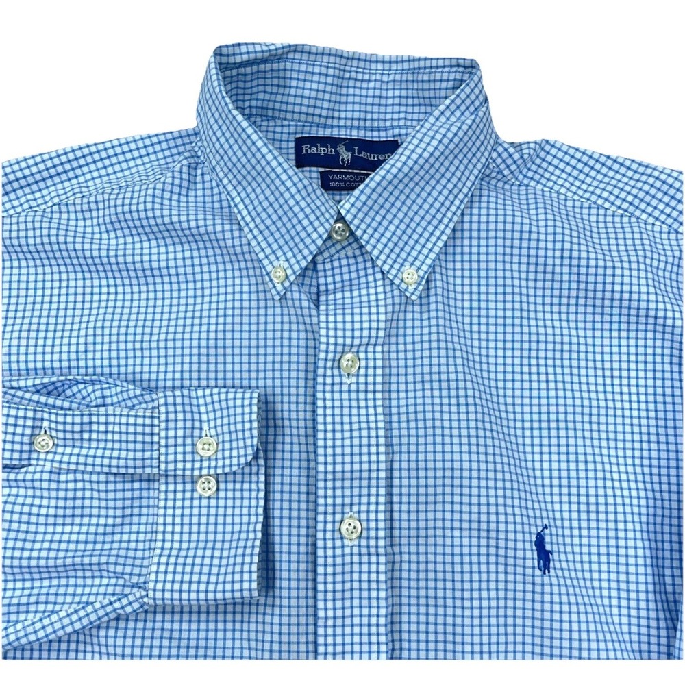 Ralph Lauren Shirt Men 16.5 34 Blue White Check Button Up Dress Yarmouth Grid A3